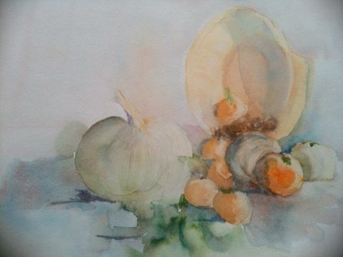 Panier et fruits de saison — Aquarelle sur papier par Eliane Desther
